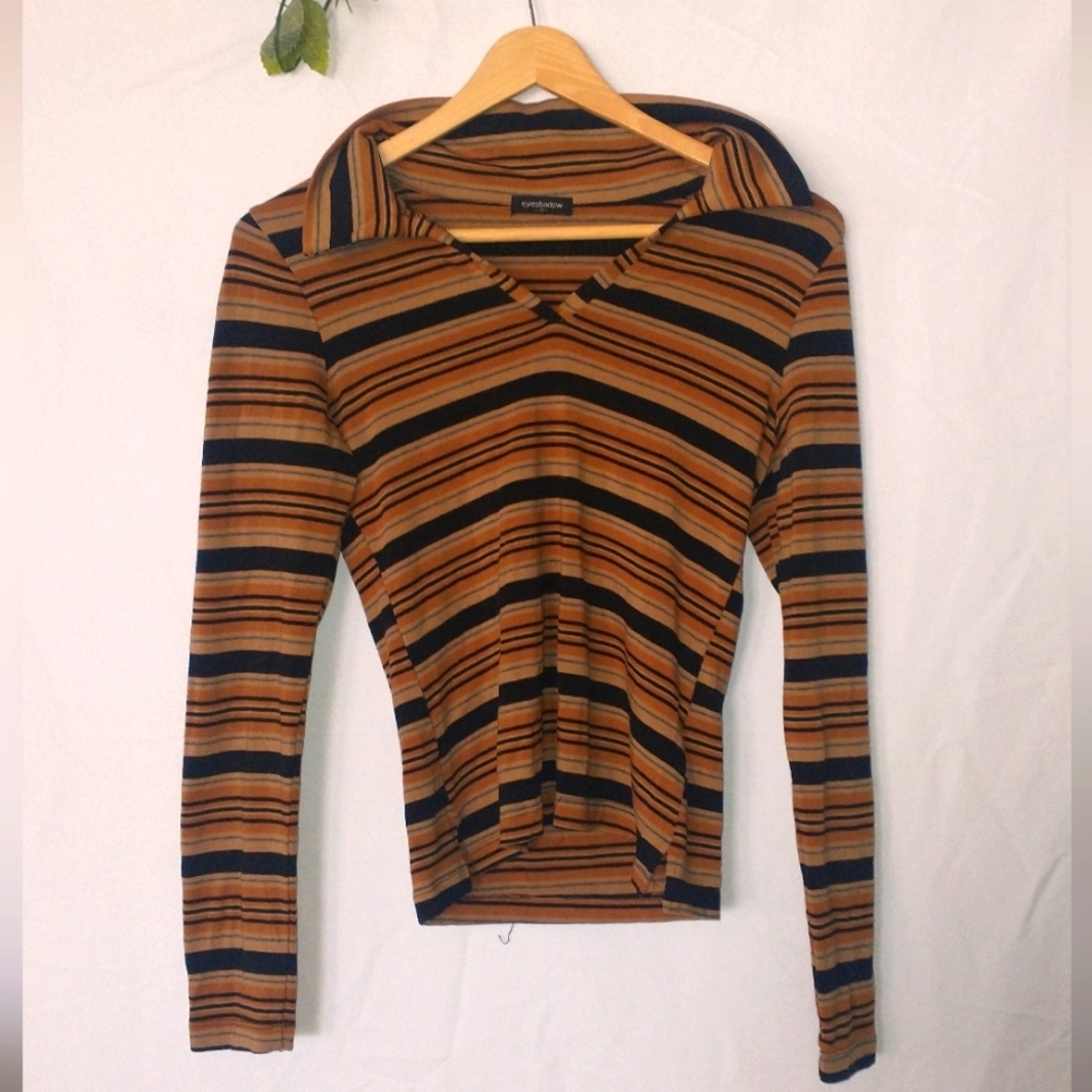 Y2K Vintage 90's Retro Brown and Black Fitted Ribbed Collared Shirt Small